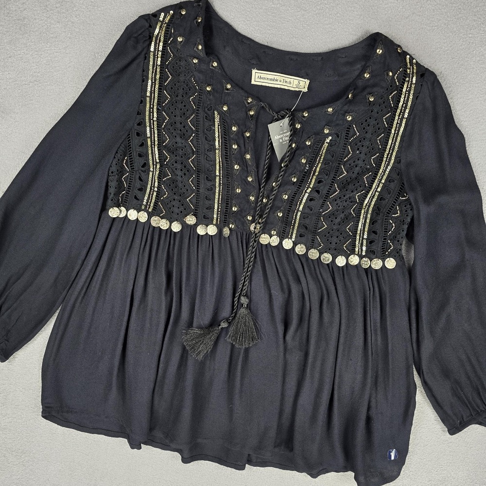 Abercrombie & Fitch Blouse Womens Small Black Boho Embroidered Peasant Top NWT - Picture 1 of 13